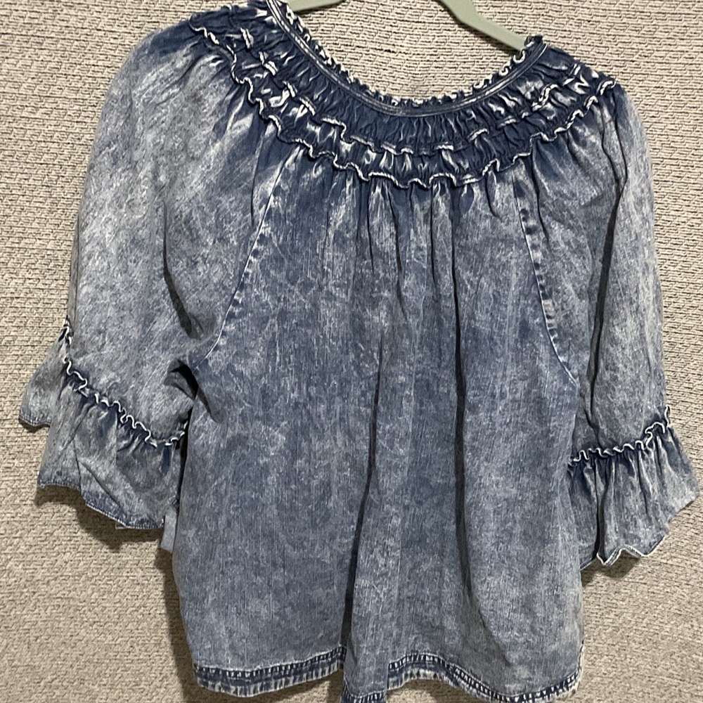 Free People Blue Washed Denim Peasant Blouse - Picture 6 of 7